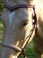 Pre made-V brow Sliding chin riding halter/reins set, Burgundy/beige zz, brass Turks head cheek accents, LG pony