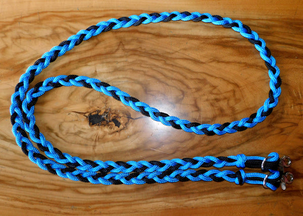 Pre made-Plaited Rope reins,Cyan/black equestrian rope, Cob length