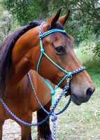 Sliding chin riding halter and reins set, Turquoise with "Northern Lights" padding/reins