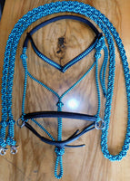 Pre made-Sliding chin riding halter and reins set turquoise/black zig zag