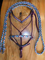 Sliding chin riding halter and reins set, V brow Burgundy "Arizona Sky"