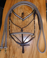 Sliding chin riding halter/reins set with V brow, dark brown/beige zig zag, turks head cheek accents