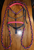 Pre made-Sliding chin riding halter and reins set navy/Hot pink