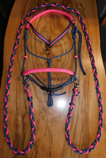 Pre made-Sliding chin riding halter and reins set navy/Hot pink