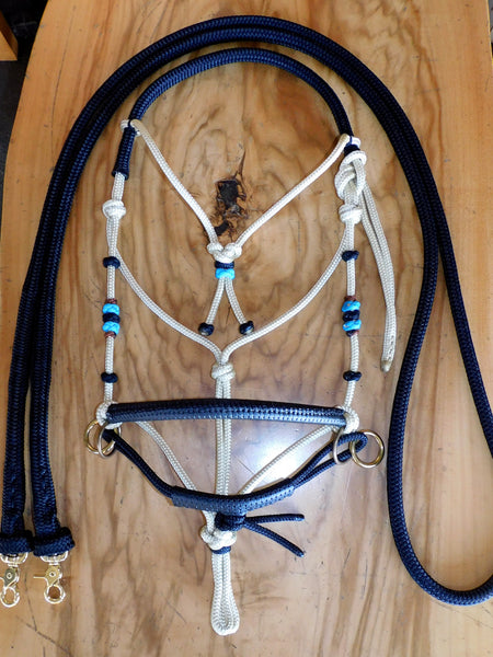 Pre made- Sliding chin riding halter and reins set, beige/black cob