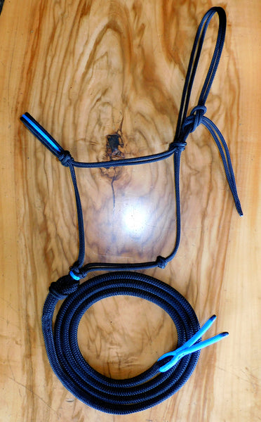 Marine rope Inset halter and lead set black/cyan blue