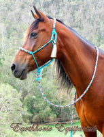 Padded halter and lead set with turks head accents and removable tassels.