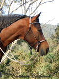 Simple chinstrap riding halter/reins set, Black with light brown/beige zig zag padding/reins