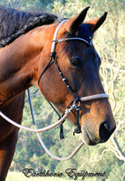 Pre made-Simple chinstrap riding halter with V brow, Black, light brown/beige zz padding/reins