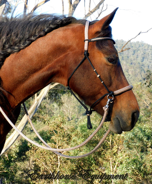 Pre made-Simple chinstrap riding halter with V brow, Black, light brown/beige zz padding/reins