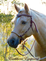 Pre made-V brow Sliding chin riding halter/reins set, Burgundy/beige zz, brass Turks head cheek accents, LG pony