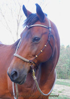 Sliding chin riding halter/reins set with V brow, dark brown/beige zig zag, turks head cheek accents