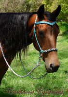 Sliding chin riding halter and reins set with V brow, Turquoise/"Arizona sky"