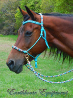 Sliding chin riding halter and reins set with V brow, Turquoise/"Arizona sky"