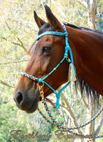 Sliding chin riding halter/reins set, V brow, turks head accents, removable tassels.