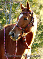 Sliding chin riding halter/reins set with V brow, black and "Desert Rose" turks head accents