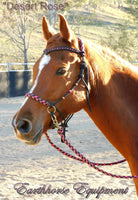 Sliding chin riding halter/reins set with V brow, black and "Desert Rose" turks head accents