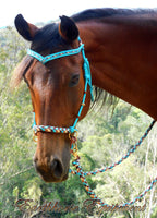 Sliding chin riding halter/reins set,V brow, Turquoise,"Arizona Sky", turks head accents.