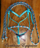 Sliding chin riding halter and reins set with V brow, Turquoise/"Arizona sky"