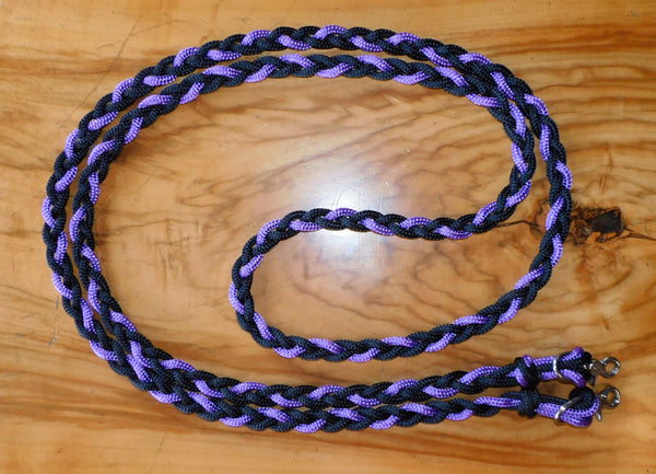 Pre made-Clearance reins plaited black/purple 3.2mt long, stainless steel clips