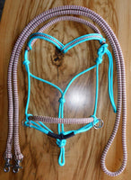 Sliding chin riding halter with V brow, turquoise, brown/beige zig zag padding