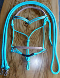 Sliding chin riding halter with V brow, turquoise, brown/beige zig zag padding