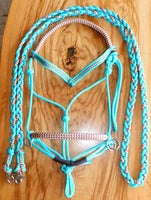 Sliding chin riding halter with V brow, turquoise, brown/beige zig zag padding