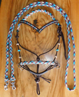 Sliding chin riding halter/reins set with V brow, dark brown "Arizona Sky" turks head accents