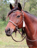 Sliding chin riding halter and reins set with V brow and side tassels, Dark brown/beige Marine rope