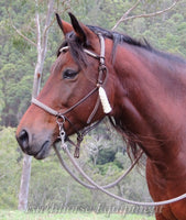 Sliding chin riding halter and reins set with V brow and side tassels, Dark brown/beige Marine rope