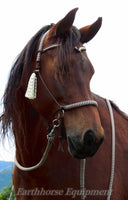 Sliding chin riding halter and reins set with V brow and side tassels, Dark brown/beige Marine rope