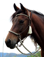 Sliding chin riding halter and reins set with V brow and side tassels, Dark brown/beige Marine rope