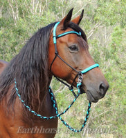 V brow Sliding chin riding halter and reins set in black and turquoise