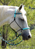 V brow Sliding chin riding halter and reins set in black and turquoise