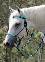 V brow Sliding chin riding halter and reins set in black and turquoise