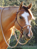 Sliding chin riding halter in burgundy with beige/brown padding.