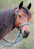 Sliding chin riding halter with V brow and reins navy and cyan blue