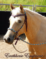 Sliding chin riding halter/reins set,V brow, Burgundy with "Arizona Sky" padding/inset/reins