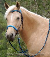 Sliding chin riding halter with V brow and reins navy and cyan blue