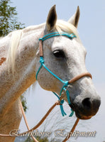 Sliding chin riding halter with V brow, turquoise, brown/beige zig zag padding