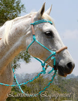 Sliding chin riding halter with V brow, turquoise, brown/beige zig zag padding