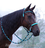 V brow Sliding chin riding halter and reins set in black and turquoise