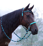 V brow Sliding chin riding halter and reins set in black and turquoise