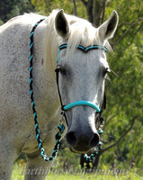 V brow Sliding chin riding halter and reins set in black and turquoise