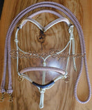 V brow sliding chin riding halter and reins set, beige with beige/brown zig zag padding/reins.