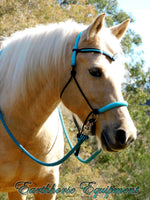 V brow Sliding chin riding halter and reins set in black and turquoise