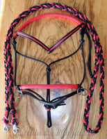 V brow Sliding chin riding halter and reins set in black and red