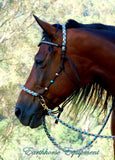 Sliding chin riding halter/reins set with V brow, dark brown "Arizona Sky" turks head accents