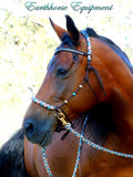 Sliding chin riding halter/reins set with V brow, dark brown "Arizona Sky" turks head accents