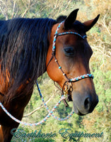 Sliding chin riding halter/reins set with V brow, dark brown "Arizona Sky" turks head accents